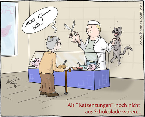 Cartoon: Katzenzungen (medium) by Hannes tagged schlachter,metzgerei,schokolade,metzger,katze,katzenzungen,wurst,fleisch