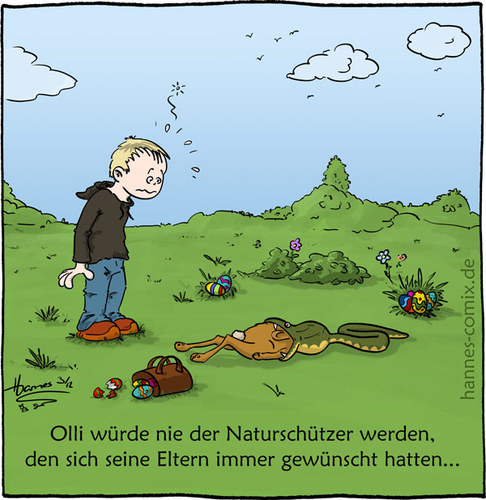 Cartoon: Oster-Schlange (medium) by Hannes tagged eier,fressen,grausam,kind,natur,naturschutz,ostereier,osterhase,ostern,rote,liste,schlange,trauma