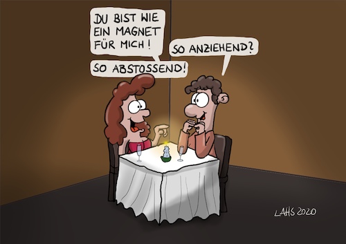 Cartoon: Magnet (medium) by LAHS tagged first,date,essen,restaurant,kompliment,magnet,anziehend,abstoßend,missverständnis