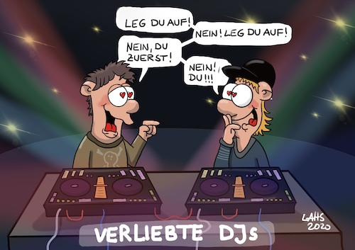 Cartoon: Verliebte DJs (medium) by LAHS tagged dj,disc,jockey,verliebt,telefon,auflegen