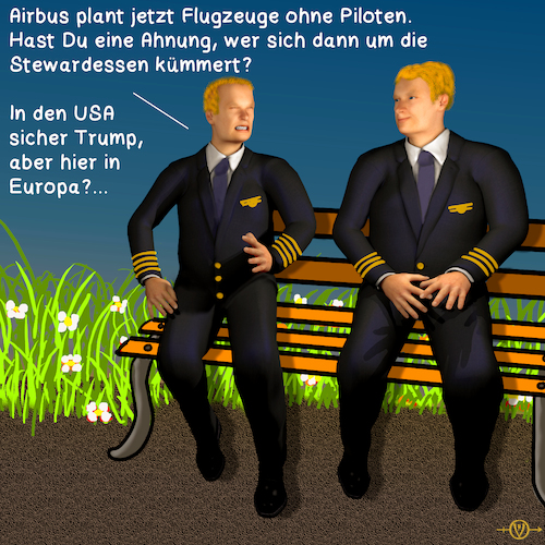 Cartoon: Airbus Piloten (medium) by PuzzleVisions tagged puzzlevisions,künstliche,intelligenz,artificial,intelligence,piloten,pilots,airbus,donald,trump,stewardess,kümmern,care