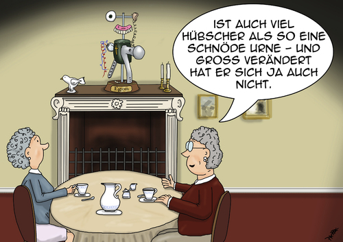 Cartoon: was vom Egon übrig blieb (medium) by pierre-cda tagged tod,urne,alter,kamin,prothese