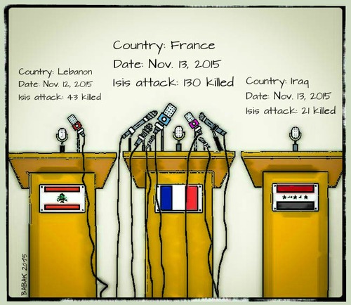Cartoon: Terrorism and News Coverage (medium) by Babak Massoumi tagged france,media,isis,lebanon,iraq,terrorism