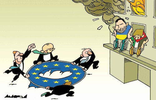 Cartoon: Jump! (medium) by Amorim tagged ukraine,gaza,european,union,ukraine,gaza,european,union