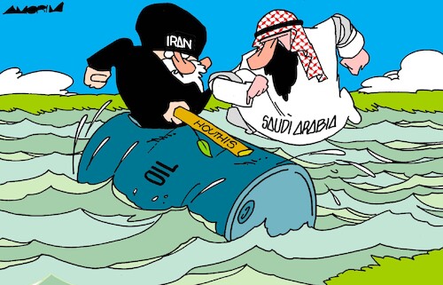 Cartoon: Log Rolling Contest (medium) by Amorim tagged saudiarabia,iran,houthis,oil,saudiarabia,iran,houthis,oil