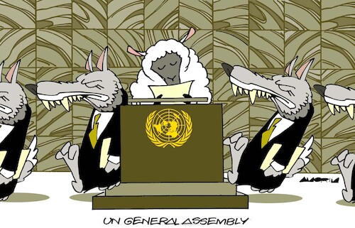 Cartoon: Wolves and lambs (medium) by Amorim tagged the,united,nations,general,assembly,war,crisis,the,united,nations,general,assembly,war,crisis