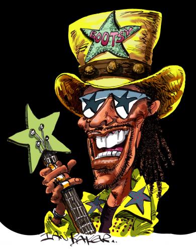 Cartoon: Bootsy Collins (medium) by Ian Baker tagged bootsy,collins,bass,player,funk,seventies,rock,music,caricature,parliament,funkadelic