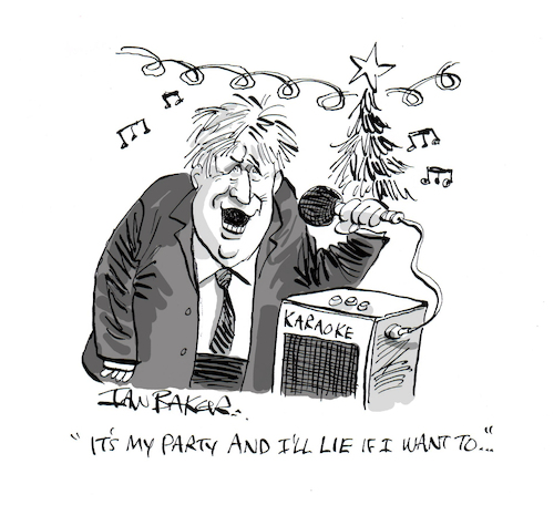 Cartoon: Boris Johnson (medium) by Ian Baker tagged boris,johnson,prime,minister,parliament,cabinet,england,britain,politics,scandal,sleaze,christmas,party,conservatives,ian,baker,gag,cartoon,caricature,corruption,lies,lyer
