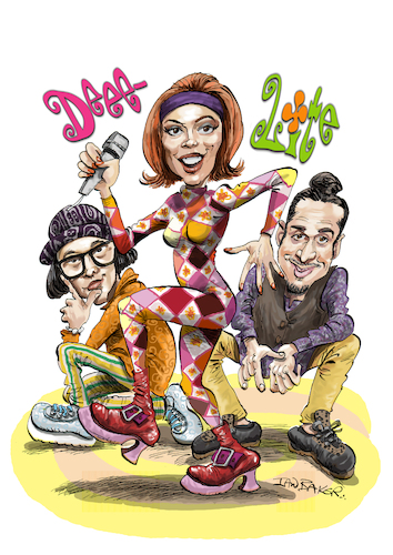 Cartoon: Deee Lite (medium) by Ian Baker tagged deee,lite,ian,baker,cartoon,caricature,spoof,parody,satire,illustration,music,dance,nyc,groove,is,in,the,heart,lady,miss,kier,dj,towa,tei,dimitry,brill,bootsy,collins,psychedelic