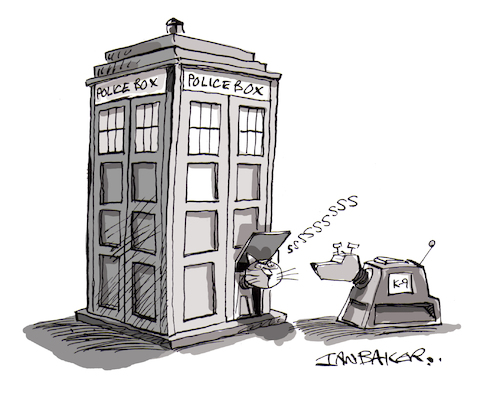 Cartoon: Dr Who (medium) by Ian Baker tagged dr,who,tardis,space,science,fiction,sci,fi,woman,female,k9,time,travel,dog,cat,cats,flap,gag,cartoon,ian,baker,magazine,private,eye