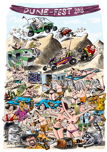 Cartoon: Dune Fest event poster (medium) by Ian Baker tagged spring,break,america,usa,beach,california,women,girls,men,naked,topless,boobs,cars,beer,jack,daniels,raccoon,games,water,sea,sexy,bikes,dunes,sand,event,party,ian,baker,cartoon,illustration,poster,naughty,crowds,people,bikini,camel,camels,buggy