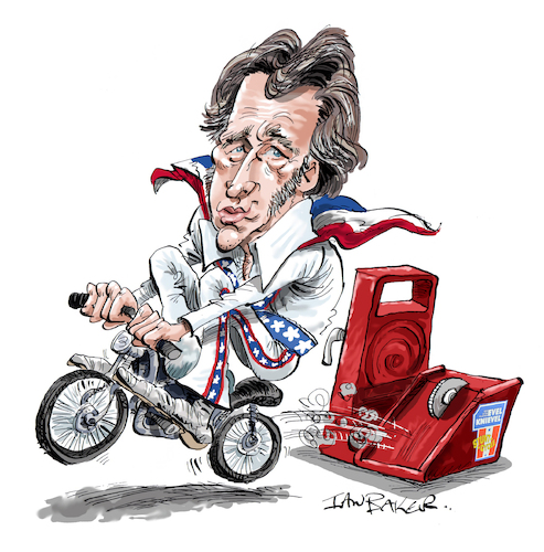 Cartoon: Evel Knievel (medium) by Ian Baker tagged evel,knievel,stunt,performer,70s,bike,motorbike,cycle,jumps,toy,figure,ian,baker,cartoon,caricature,spoof,parody,humour,satire,nostalgia,tv