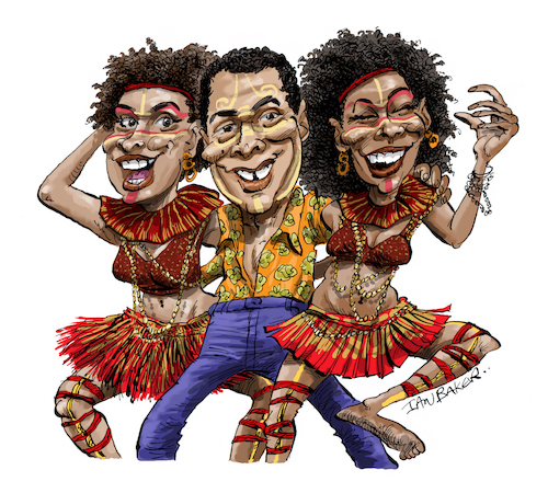 Cartoon: Fela Kuti (medium) by Ian Baker tagged fela,kuti,nigeria,africa,singer,political,activist,musician,saxaphone,ginger,baker,jack,bruce,afrobeat,jazz,funk,ian,cartoon,caricature,spoof,parody,satire,illustration,sexy,dancers,girls,women,queens,tribal