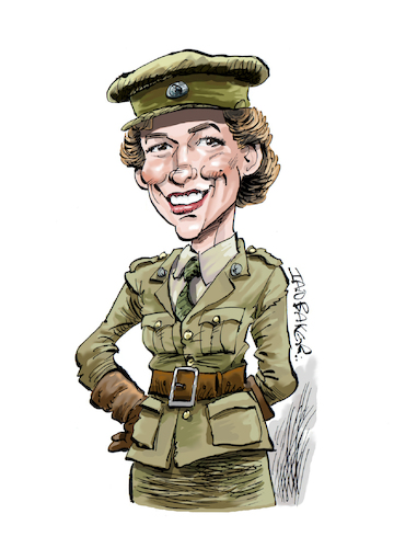 Cartoon: Honeysuckle Weeks (medium) by Ian Baker tagged honeysuckle,weeks,welsh,wales,samantha,stewart,military,uniform,40s,foyles,war,tv,film,actress,ian,baker,cartoon,caricature,illustration,satire,parody,spoof,woman,beauty