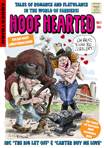 Cartoon: HOOF HEARTED spoof comic (medium) by Ian Baker tagged comic,comics,usa,horse,horses,equine,fart,gas,farts,farrier,cobbler,shoes,cover,parody,spoof,humour,comedy,ian,baker,cartoon,illustration,caricature,anvil,cowboys,farm,ec,methane