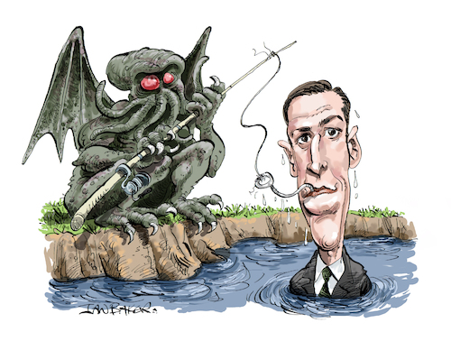 Cartoon: HP Lovecraft (medium) by Ian Baker tagged hp,lovecraft,cthulhu,horror,novelist,writer,scary,ocean,sea,water,monster,ian,baker,cartoon,caricature,fishing