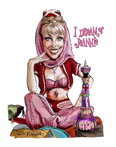 Cartoon: I Dream of Jeannie (medium) by Ian Baker tagged dream,of,jeannie,barbara,eden,larry,hagman,ian,baker,cartoon,caricature,parody,satire,tv,60s,bottle,fantasy,comedy,magic,spells