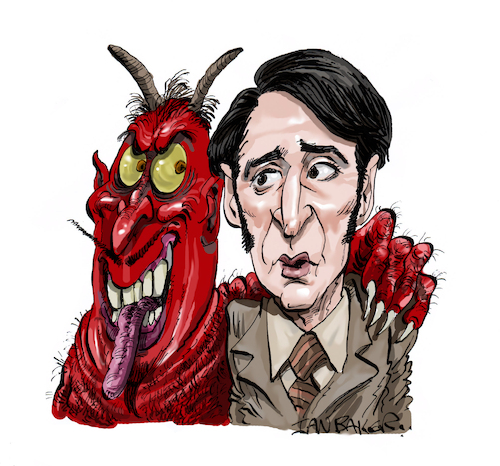 Cartoon: Late Night With The Devil (medium) by Ian Baker tagged david,dastmalchian,jack,delroy,1977,horror,paranormal,film,movie,talk,show,retro,spooky,ian,baker,cartoon,caricature,spoof,parody,satire,halloween,variety,america,usa,night,owls