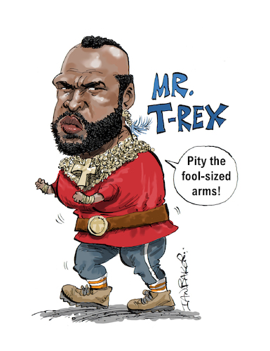 Cartoon: Mr T-Rex (medium) by Ian Baker tagged mr,team,tv,movies,actor,bouncer,boxer,tough,muscles,sylvester,stallone,ian,baker,cartoon,caricature,parody,spoof,satire,illustration,ba,baracus,jewellry,jewellery,fight,chains,80s