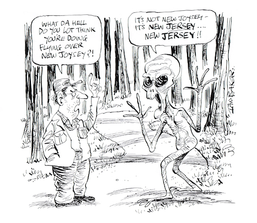 Cartoon: New Jersey alien invasion (medium) by Ian Baker tagged aliens,ufo,uap,drones,pine,barens,space,crafts,unexplained,invasion,monsters,ian,baker,cartoon,caricature,parody,spoof,satire,disclosure,exposure,flying,saucers