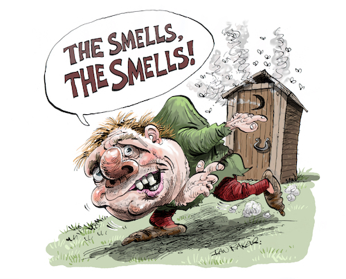 Cartoon: Quasimodo (medium) by Ian Baker tagged quasimodo,hunchback,of,notre,dame,cathederal,church,paris,france,victor,hugo,novel,book,horror,drama,bells,smell,stink,toilet,outhouse,flies,ian,baker,cartoon,caricature,spoof,satire,parody,esmeralda,gothic