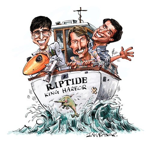 Cartoon: Riptide (medium) by Ian Baker tagged riptide,joe,penny,thom,bray,perry,king,eighties,tv,caricature,boat,detectives,action,robot
