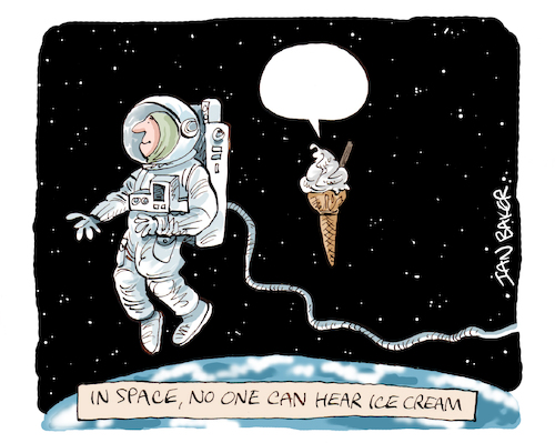 Cartoon: Space Ice Cream (medium) by Ian Baker tagged space,astronaut,cosmonaut,planet,earth,ice,cream,99,flake,magazine,gag,cartoon,atmosphere,floating,science,fiction,ian,baker,caricature,spoof,parody,illustration