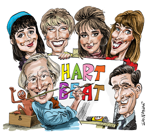 Cartoon: Tony Hart on Hart Beat (medium) by Ian Baker tagged tony,hart,margot,wilson,liza,brown,joanna,kirk,gabrielle,bradshaw,colin,bennett,morph,tv,80s,nostalgia,bbc