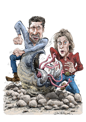 Cartoon: Tremors (medium) by Ian Baker tagged tremors,90s,horror,comedy,science,fiction,scifi,worms,creatures,monsters,snakes,graboids,fred,ward,kevin,bacon,val,earl,ian,baker,cartoon,cartoonist,caricature,humour,satire,parody,illustration