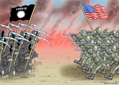 Cartoon: AMERICAN WAR (medium) by marian kamensky tagged coronavirus,epidemie,gesundheit,panik,stillegung,trump,pandemie,coronavirus,epidemie,gesundheit,panik,stillegung,trump,pandemie