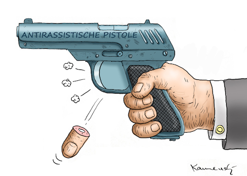 Cartoon: ANTI RACIST GUN (medium) by marian kamensky tagged brexit,theresa,may,england,eu,schottland,weicher,wahlen,boris,johnson,nigel,farage,ostern,seidenstrasse,xi,jinping,referendum,trump,monsanto,bayer,glyphosa,strafzölle,el,paso,brexit,theresa,may,england,eu,schottland,weicher,wahlen,boris,johnson,nigel,farage,ostern,seidenstrasse,xi,jinping,referendum,trump,monsanto,bayer,glyphosa,strafzölle,el,paso