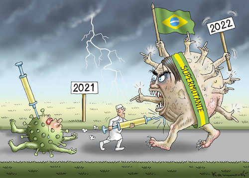 Cartoon: Bolsonarsch (medium) by marian kamensky tagged bolsonaro,brasilien,corona,amazonas,regenwald,pandemie,mutanten,bolsonaro,brasilien,corona,amazonas,regenwald,pandemie,mutanten