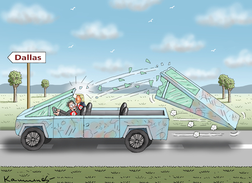 Cartoon: CYBERTRUCK-TRIP NACH DALLAS (medium) by marian kamensky tagged musk,trump,zuckerberg,bezos,felon,and,elon,in,panama,zölle,diktator,selenskyj,putin,ukraine,usa,cybertruck,dallas,musk,trump,zuckerberg,bezos,felon,and,elon,in,panama,zölle,diktator,selenskyj,putin,ukraine,usa,cybertruck,dallas