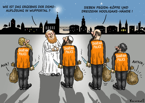 Cartoon: DEMOAUFLÖSUNG IN WUPPERTAL (medium) by marian kamensky tagged shariah,police,in,wuppertal,salafisten,hooligans,extremismus,islamischer,staat,shariah,police,in,wuppertal,salafisten,hooligans,extremismus,islamischer,staat