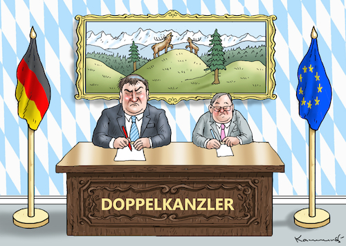 Cartoon: DOPPELKANZLER (medium) by marian kamensky tagged merkel,seehofer,unionskrise,csu,cdu,flüchtlinge,gauland,merz,afd,akk,spahn,pegida,hutbürger,höcke,führer,wahlen,thüringen,kemmerich,tag,der,deutschen,vorsitz,söder,einheit,moria,lesbos,laschet,kanzler,merkel,seehofer,unionskrise,csu,cdu,flüchtlinge,gauland,merz,afd,akk,spahn,pegida,hutbürger,höcke,führer,wahlen,thüringen,kemmerich,tag,der,deutschen,vorsitz,söder,einheit,moria,lesbos,laschet,kanzler