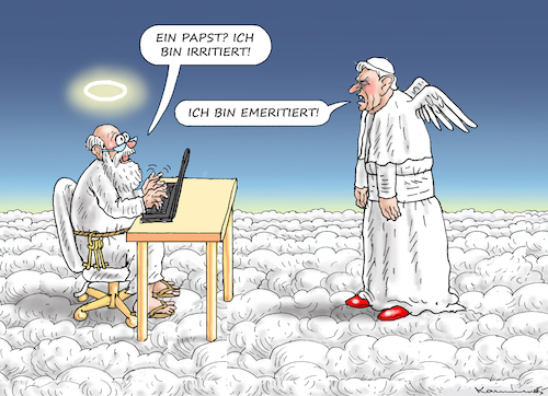 Cartoon: EMERITIERTER TRIFFT IRRITIERTEN (medium) by marian kamensky tagged papst,benedikt,xvi,papst,benedikt,xvi