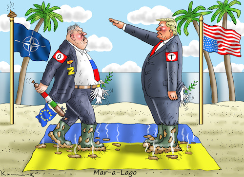 Cartoon: FRIEDENSESEL ORBAN TRIFFT TRUMP (medium) by marian kamensky tagged friedensesel,orban,trifft,trump,nato,mar,lago,friedensesel,orban,trifft,trump,nato,mar,lago