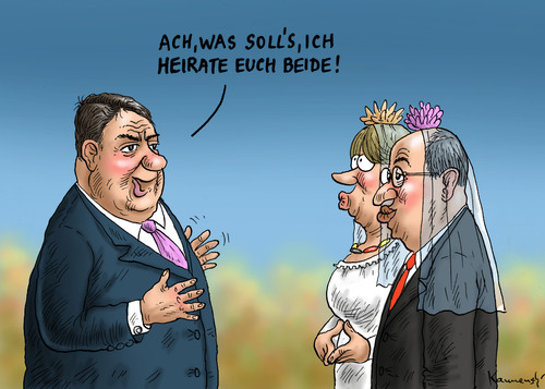 Cartoon: Gabriels Hochzeit (medium) by marian kamensky tagged gregor,linke,die,regierungsbildung,koalition,grossen,steuererhöhungen,merkel,gabriel,siegmar,gysi,siegmar,gabriel,merkel,steuererhöhungen,grossen,koalition,regierungsbildung,die,linke,gregor,gysi