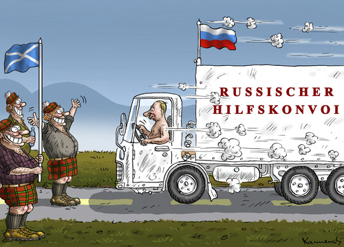 Cartoon: Hilfskonvoi für Schottland (medium) by marian kamensky tagged schottentrennung,von,england,eu,hilfskonvoi,putin,queen,elisabeth,schottentrennung,von,england,eu,hilfskonvoi,putin,queen,elisabeth