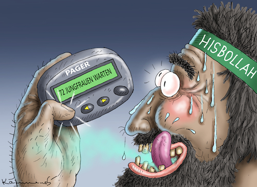 Cartoon: JUNGFRAUENGEILE HISBOLLAH (medium) by marian kamensky tagged jungfrauengeile,hisbollah,pager,mossad,hamas,jungfrauengeile,hisbollah,pager,mossad,hamas