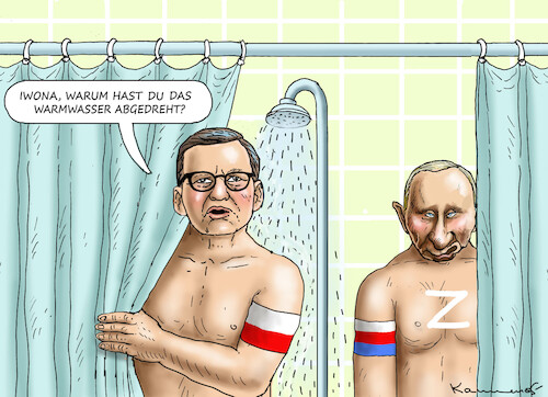 Cartoon: MORAWIECKIS KALTE DUSCHE (medium) by marian kamensky tagged putins,bescherung,ukraine,provokation,swift,nato,osterweiterung,putins,bescherung,ukraine,provokation,swift,nato,osterweiterung