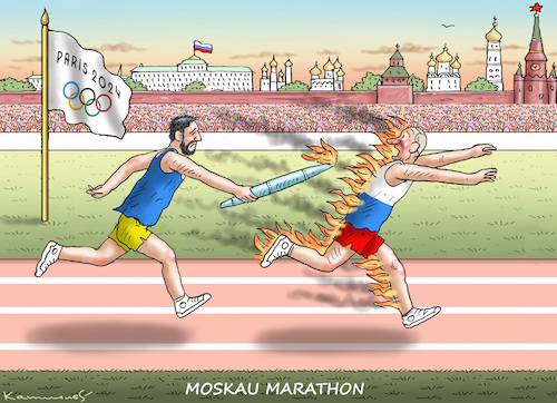 Cartoon: MOSKAU MARATHON (medium) by marian kamensky tagged nervöse,olympische,spiele,in,paris,moskau,marathon,putin,selenskyj,kursk,nervöse,olympische,spiele,in,paris,moskau,marathon,putin,selenskyj,kursk