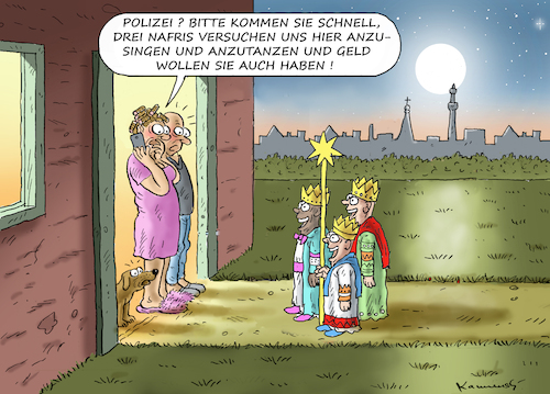 Cartoon: NAFRI-SINGER (medium) by marian kamensky tagged polizei,köln,nafris,silvesternacht,sternensinger,polizei,köln,nafris,silvesternacht,sternensinger