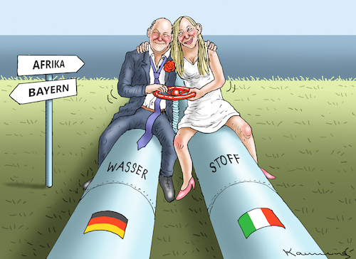 Cartoon: OLAFS MELONISIERUNG (medium) by marian kamensky tagged olafs,meloni,wasserstoff,afrika,olafs,meloni,wasserstoff,afrika