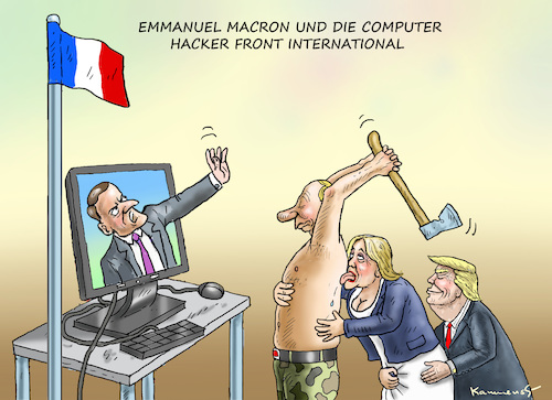 Cartoon: PC HACKER FRONT INTERNATIONAL (medium) by marian kamensky tagged putinversteher,assange,emmanuel,macron,le,pen,präsidentenwahl,in,frankreich,putinversteher,assange,emmanuel,macron,le,pen,präsidentenwahl,in,frankreich