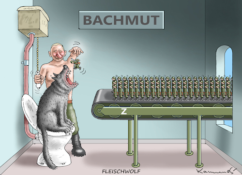 Cartoon: PUTINS FLEISCHWOLF (medium) by marian kamensky tagged bachmut,putins,fleischwolf,bachmut,putins,fleischwolf