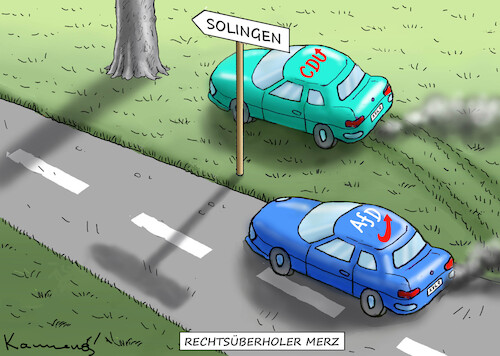 Cartoon: RECHTSÜBERHOLER FRITZMERZ (medium) by marian kamensky tagged is,terror,in,solingen,höcke,afd,wahlen,thüringen,merz,cdu,is,terror,in,solingen,höcke,afd,wahlen,thüringen,merz,cdu