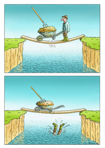 Cartoon: Saved  The Dung! (medium) by marian kamensky tagged humor,brücke,heu,gabel,heugabel,sturz,stürzen,abgrund,unglück