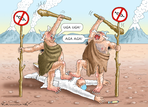 Cartoon: SCHWURBLERNEANDERTALER (medium) by marian kamensky tagged curevac,testzentren,corona,impfung,pandemie,booster,omikron,impfpflicht,curevac,testzentren,corona,impfung,pandemie,booster,omikron,impfpflicht