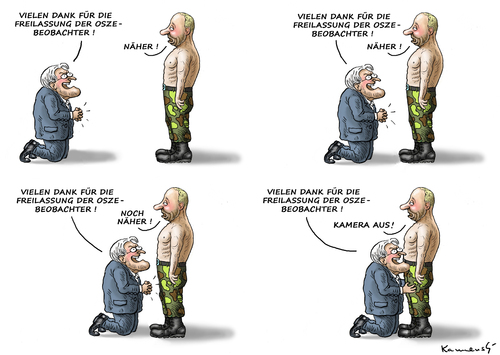 Cartoon: Steinmeier dankt den Russen (medium) by marian kamensky tagged ukraine,freilassung,beobachter,osze,steinmeier,putin,russia,denmark,in,contest,song,eurovision,eurovision,song,contest,in,denmark,russia,putin,steinmeier,osze,beobachter,freilassung,ukraine